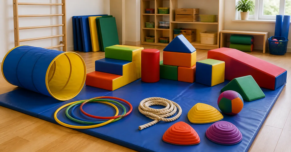 Material de psicomotricidad infantil organizado con túnel, colchonetas, aros, cuerdas y bloques de espuma